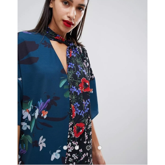 French Connection Celia Patchwork Floral Print Tie Neck Dress - Picture 3 of 10